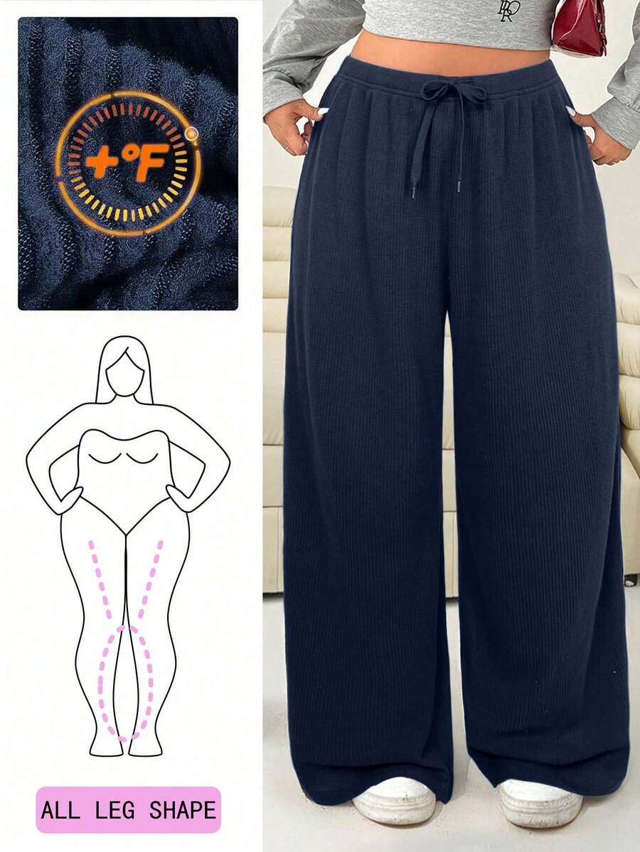 Solflare Quần dài lót nhiệt màu trơn cạp rút thường ngày cho nữ cỡ lớn, thu/đông - Màu xanh hải quân - Xem 1