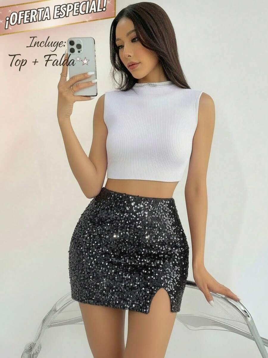Mujer conjunto casual elegante top acanalado ajustado sin mangas cuello redondo mini falda brillante abertura lateral primavera verano fiesta conjunto - Gris - Ver 1