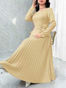 Modelyn Women's Elegant Square Collar Floral Decor Pleated Hem Dress, Spring/Autumn - Butter Yellow - View 4