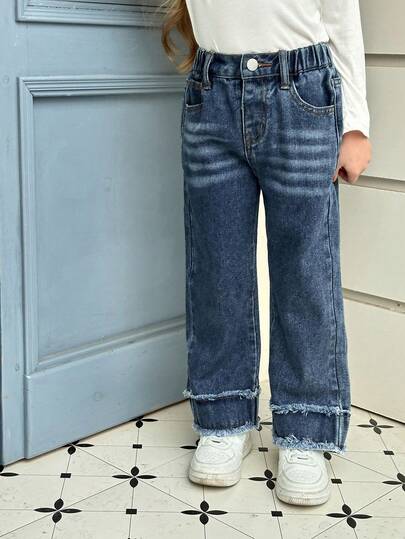 Elladie kids Young Girls Distressed Hem Loose Fit Blue Jeans, Versatile Kid Baggy Jeans Kids Jean Pants Kids Wide Leg Jeans