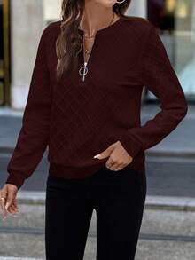 EMERY ROSE Women's Knitted Textured Front Zip Round Neck Sweatshirt In White,Fall,Fall Clothes For Women - Red - View 3