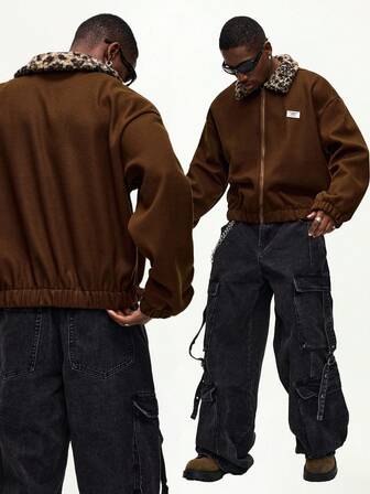 Herren Kontrastfarben Kragen Loose Fit Langarm Lässiger Warmer Mantel, Drop-Shoulder