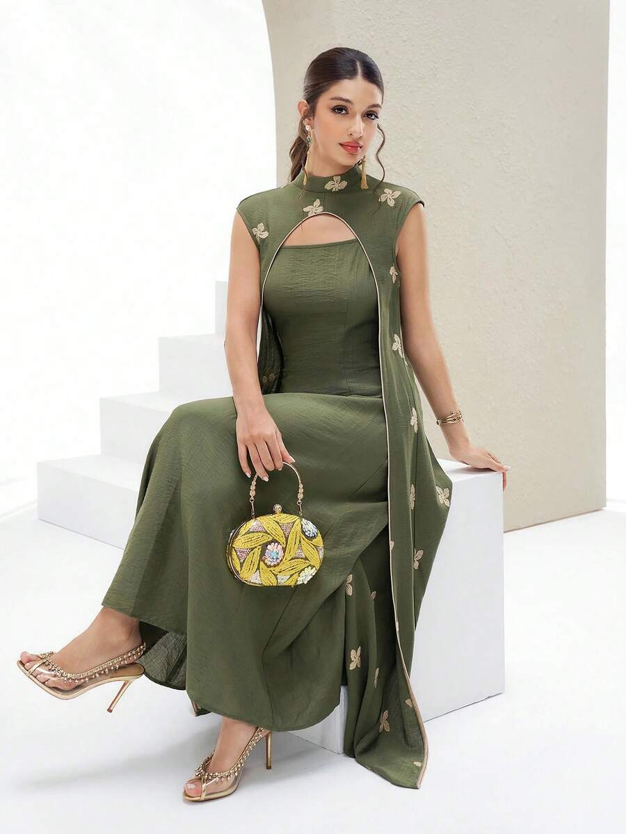 Al Najma Women's Floral Embroidered Mock Neck Elegant Arabic Dress - Green - View 1