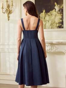 Vintamour 复古经典优雅女士连衣裙，修身藏蓝色褶皱胸部吊带裙，细肩带连衣裙，宽肩带连衣裙，秋冬款 - 藏蓝色 - 查看 2