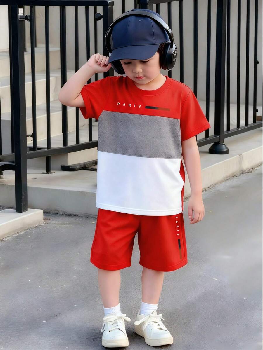 2件套幼儿男童条纹印花撞色圆领短袖T恤和短裤套装，适合4-7岁男童，休闲日常穿着，春夏款 - 彩色 - 查看 1