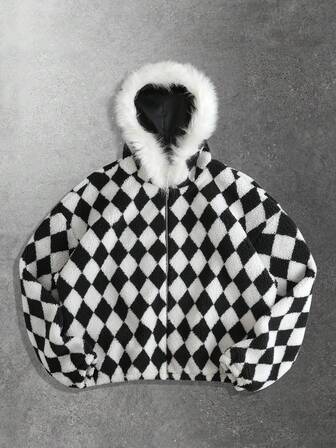 Giacca sherpa a quadri da uomo, vestibilità ampia