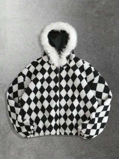 Giacca sherpa a quadri da uomo, vestibilità ampia