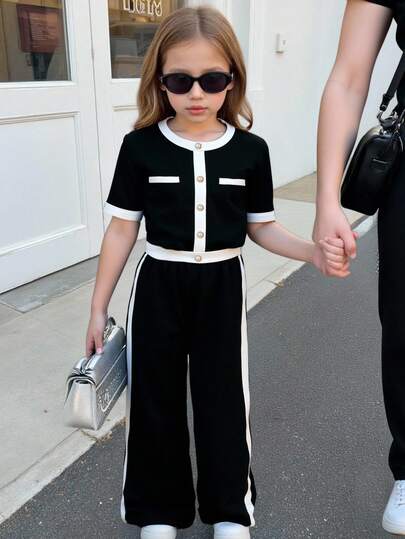 SHEIN 2pcs/Set Young Girl Casual Formal Elegant Back To School Black & White Contrast Pearl Button Top & Straight Leg Color Block Pants, Back To School, Young Lady Outfit