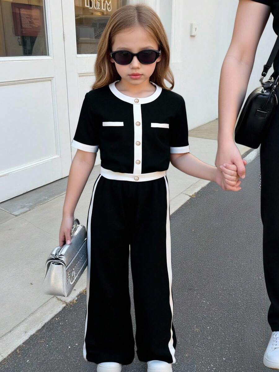 SHEIN 2pcs/Set Young Girl Casual Formal Elegant Back To School Black & White Contrast Pearl Button Top & Straight Leg Color Block Pants, Back To School, Young Lady Outfit