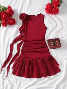 SHEIN Tween Girl Casual Elegant French Ruffle 3D Floral Decor Pleated Asymmetric Round Neck Sleeveless Fitted Short Dress, Princess Dress, New Year Party, Spring Outing, Daily Wear, Burgundy Dress For Tween Girls Mother-Daughter Matching, Tween Girls Sleeveless Dress, Red Teen Girls Dress, Tween Girl Burgundy Dress, Maroon Dress For Girl