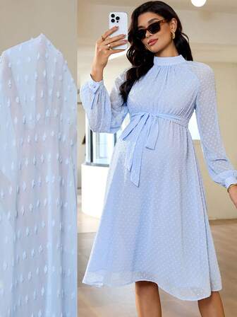 MaterniWear 优雅纯色纹理孕妇连衣裙，适合通勤和秋季穿着