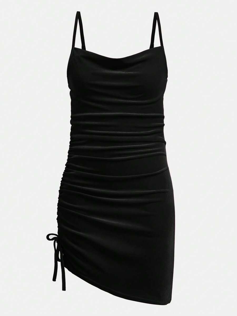 青少年女孩优雅天鹅绒垂领褶皱腰身紧身黑色派对连衣裙 - 黑色 - 查看 1