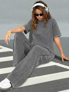 Muchica Casual Round Neck Short Sleeve Straight Leg Pants Set, Distressed Washed Relaxed Fit, Autumn/Winter