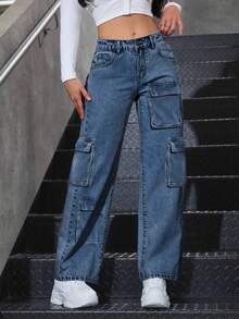 Vaquero cargo mujer pantalon de mujer pantalón de mujer pantalones para mujer pantalón pantalones de dama pantalones baggy - Azul - Ver 2