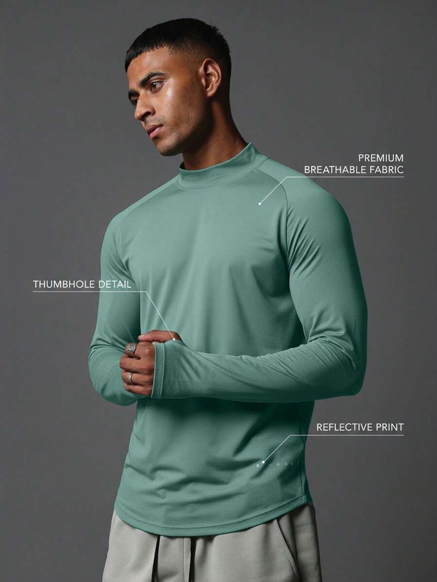SUMWON Long Sleeve Athletic Mock Neck Tee With Thumbhole Detail Muscle Fit Training Top For Active Performance Workouts - Green - View 1