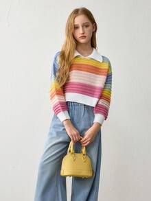 Áo len chui đầu cổ lọ sọc nhiều màu dáng rộng thường ngày cho bé gái tuổi mới lớn, dày dặn, thích hợp cho các hoạt động ngoài trời, tiệc tùng và đi chơi thường ngày - Nhiều màu - Xem 3