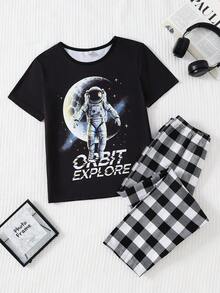 2pcs Boys Casual Astronaut Space Print Knit Crew Neck Short Sleeve Top And Black White Plaid Woven Pants Pajama Set, Spring/Summer - Black - View 3