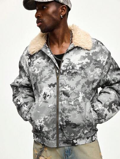 Street Life Manteau matelassé à col en polaire avec fermeture éclair et imprimé pour hommes