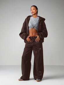 MISSGUIDED Quần nỉ ống rộng thoải mái có dây rút dành cho nữ, dáng rộng thoải mái và cạp chun co giãn - màu nâu - Xem 5