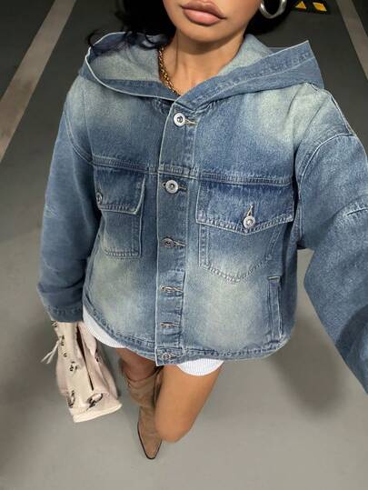 StreetHx Women's Casual Versatile Hooded Denim Jacket And Coat