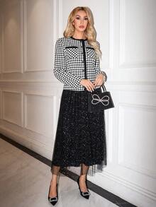 Ellevyn 女士秋冬两件套，羊毛混纺外套搭配褶裥网纱裙，优雅的办公室/通勤公主风，高品质 - 黑與白 - 查看 10