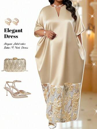 Fleurora Autumn And Winter Elegant Modest Gold Dress V Neck Plus Size Solid Color & Printed Patchwork Short Sleeve Dress Long Summer Dress For Women Yellow New Year's Dress Plus Size Dress Women Church Dress Christmas Dress Elegant Dresses For Women Wedding Party Dress Abayas Dubai Luxury Zeylah Dress Najma Dress Modest Sets For Women Sparkly Dress Floral Dress Sparkly Dress