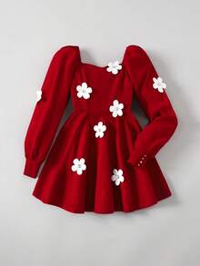 Ontre 少女纯色长袖休闲优雅收腰针织连衣裙 - 酒紅色 - 查看 7