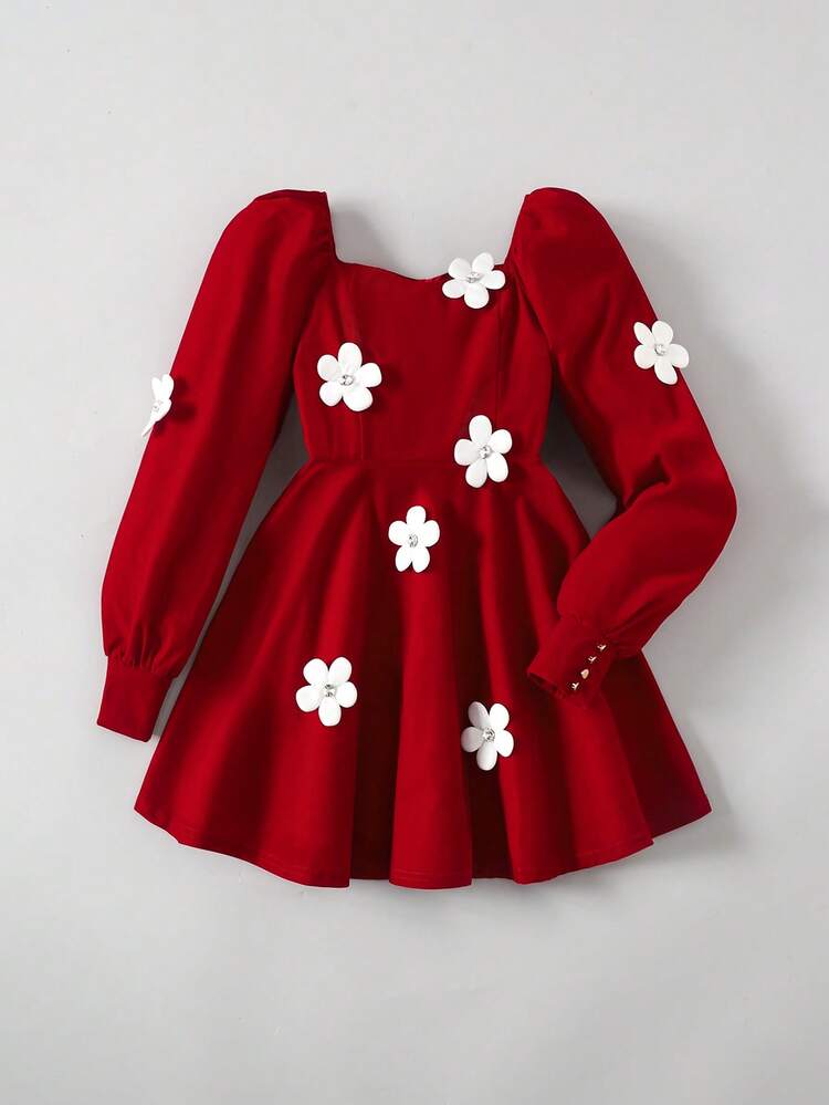 Tween Girls' Solid Color Long Sleeve Casual Elegant Waist Cinched Knit Dress