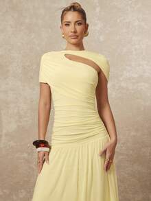 Lumalex Đầm mùa xuân sớm mềm mại và thoải mái, chất liệu lưới co giãn, xếp ly, bất đối xứng, khoét rỗng, tay ngắn, eo thon, dáng suông, thích hợp cho kỳ nghỉ hè, sinh nhật, dự tiệc cưới, tiệc tùng, kỳ nghỉ hè, đi biển, phong cách sang trọng, dự tiệc prom, họp mặt, tiệc chiêu đãi, kín đáo, phong cách quý tộc, lễ hội âm nhạc, nhiều lớp, tiệc Al-Adha, đầm phù dâu màu vàng, đầm dự tiệc cưới màu vàng, đầm màu vàng nhạt dành cho nữ. - Màu vàng - Xem 7