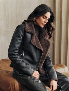 Anewsta Women's Black PU Leather Jacket With Faux Rabbit Fur Collar