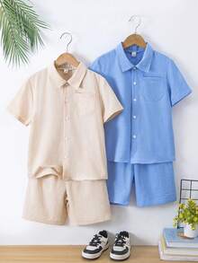 SHEIN Explorewe Bộ đồ 4 món đơn giản cho bé trai, Bộ áo sơ mi ngắn màu kaki + Bộ áo sơ mi ngắn màu trắng, Thích hợp cho mùa xuân và mùa hè chơi ở nhà - Nhiều màu - Xem 1