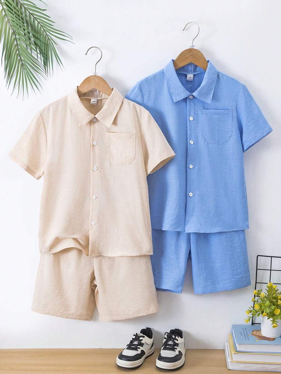 SHEIN Explorewe Bộ đồ 4 món đơn giản cho bé trai, Bộ áo sơ mi ngắn màu kaki + Bộ áo sơ mi ngắn màu trắng, Thích hợp cho mùa xuân và mùa hè chơi ở nhà - Nhiều màu - Xem 1