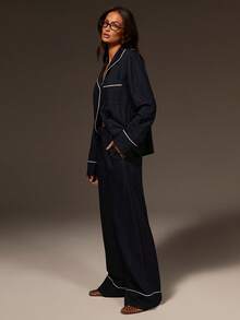 Athîral 女士休闲套装：立领单排扣长袖上衣和抽绳腰带口袋阔腿裤 - 藍色 - 查看 3