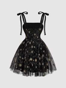 SHEIN MOD 黑色印花复古连衣裙，配蝴蝶结腰带 - 黑色 - 查看 5