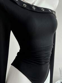 Elamini 女士秋季连体衣，金属孔眼装饰，修身长袖连体衣 - 黑色 - 查看 4