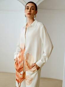 ZEYLAH 2pcs Casual Placement Print Shirt And Loose Pants Set, Spring/Summer - White - View 5