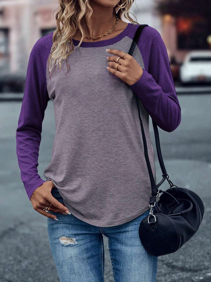 EMERY ROSE Colorblock Raglan Sleeve Tee Graphic Tees Women Tops - Purple - View 1