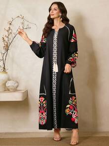 Al Najma 女士撞色复古风长袖土耳其长裙和阿拉伯传统罩袍 - 黑色 - 查看 4