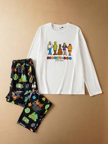 SCOOBY-DOO X SHEIN 2pcs/Set Men Casual Cartoon Figure Graphic Long Sleeve T-Shirt And All-Over Print Pants Pajama Set