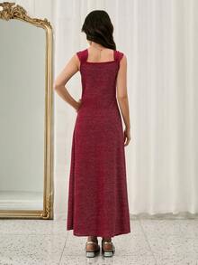 优雅奢华时尚方领无袖宽肩带收腰长款酒红色金属光泽亮面舞会礼服，适合少女毕业典礼、主持、演出、圣诞节等场合。 - 酒紅色 - 查看 2