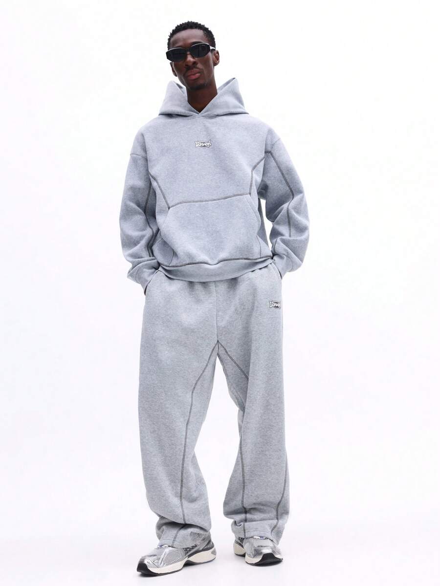 SUMWON Conjunto de sudadera con capucha y pantalones de chándal en tejido jaspeado con bolsillo central y detalles de cordón para uso casual en casa - Gris - Ver 1