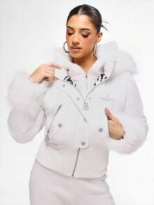 BABYPHAT Luxury Faux Fur Hood Puffer Coat Winter Quilted Down Jacket With Decorative Zipper Details And Rhinestone Accents For Cold Weather