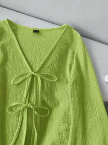 SHEIN LUNE Áo tay loe buộc trước màu trơn đơn giản dành cho nữ - màu xanh lá - Xem 3