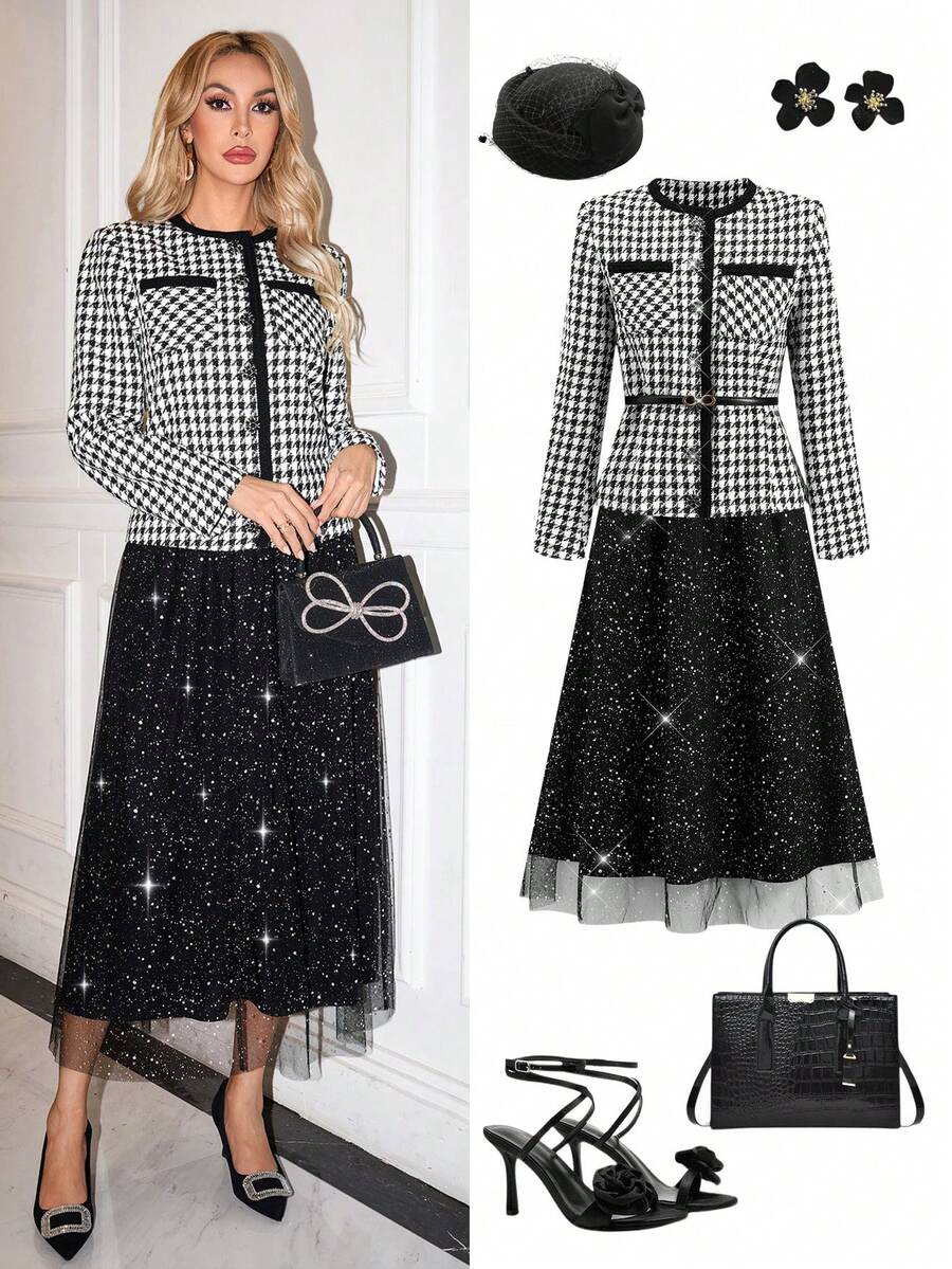 Ellevyn 女士秋冬两件套，羊毛混纺外套搭配褶裥网纱裙，优雅的办公室/通勤公主风，高品质 - 黑與白 - 查看 1