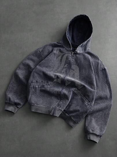 PAVTROS Sudadera con capucha de estilo callejero para hombres Pavtos, hecha de tela de algodón, con textura efecto denim, acabado lavado vintage, gráfico con rhinestones brillantes, ropa de calle, rapero, moda callejera, combinación elegante, uso diario casual, regalo de vacaciones, regalo para novio