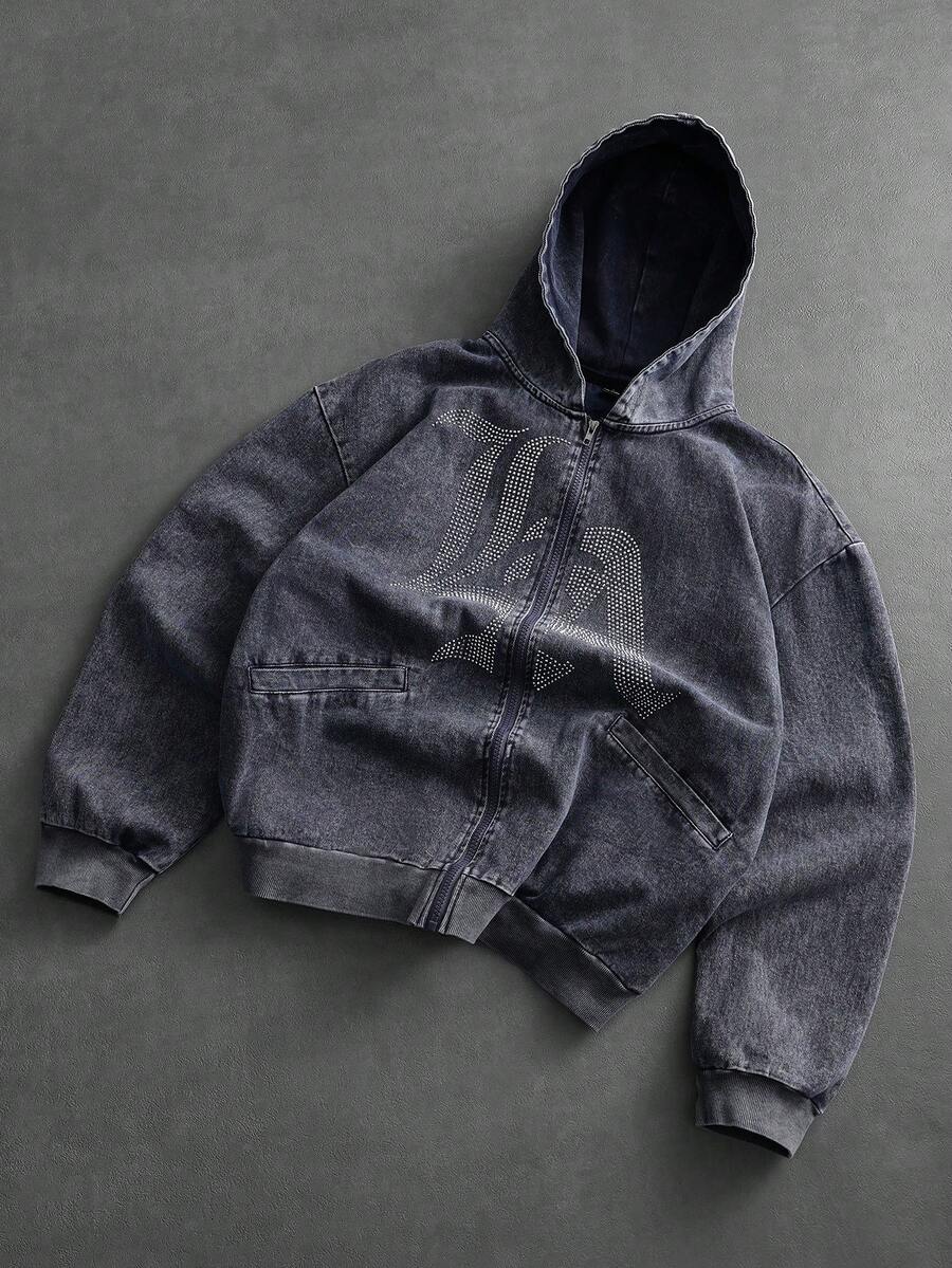 PAVTROS Áo hoodie nam Pavtos phong cách đường phố, làm từ vải cotton, chất liệu giả denim, xử lý mài bạc kiểu cổ điển, họa tiết đính đá lấp lánh, thời trang đường phố, phong cách rapper, phối đồ sành điệu, trang phục thường ngày, quà tặng ngày lễ, quà tặng bạn trai. - Màu xanh hải quân - Xem 1