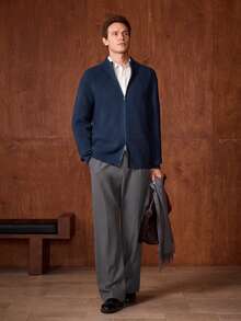 Officeau 男士纯色加厚简约休闲长袖开衫毛衣 - 藏蓝色 - 查看 5