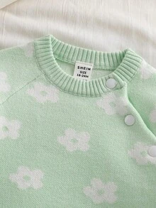 SHEIN Bộ áo len dài tay cổ tròn họa tiết hoa và quần dài màu trơn cho bé gái sơ sinh/trẻ mới biết đi - Màu xanh Bạc hà - Xem 3