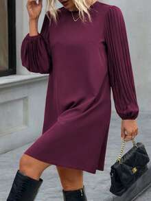 EMERY ROSE Plus Size Women Casual Loose Solid Color Long Sleeve Dress - Hot Pink - View 1