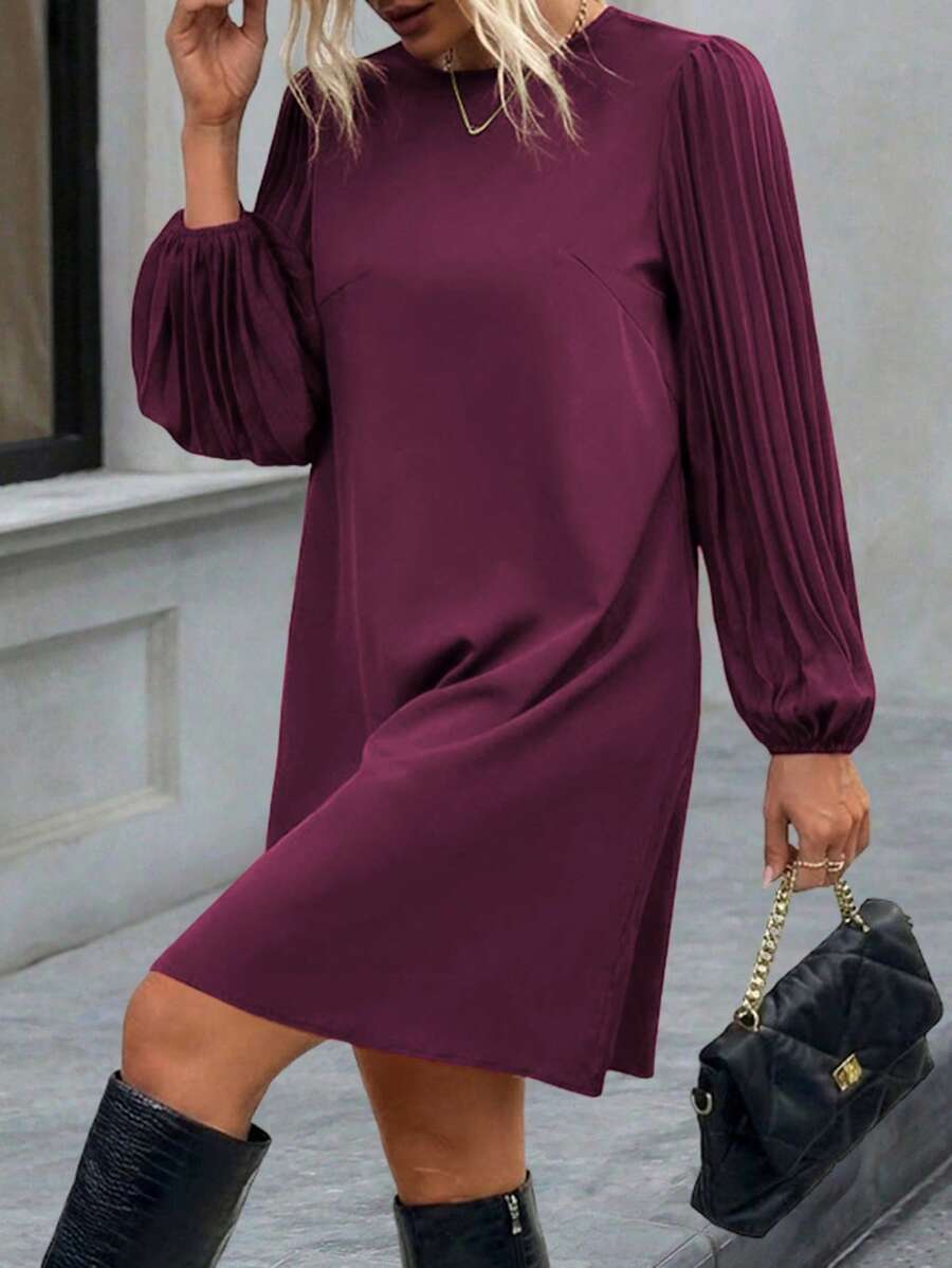 EMERY ROSE Plus Size Women Casual Loose Solid Color Long Sleeve Dress - Hot Pink - View 1